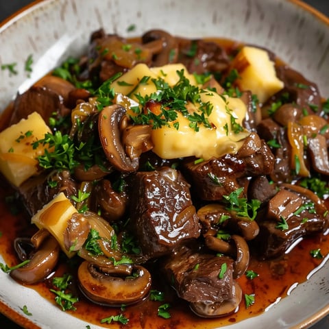 Un plat savoureux de viande de boeuf braisée avec des champignons, de la sauce et du fromage, garni de persil frais.