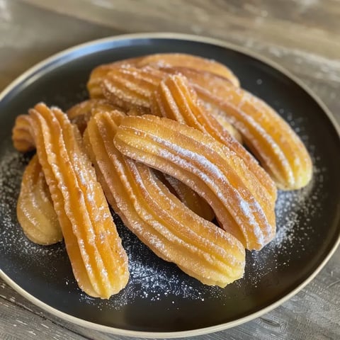 Une assiette noire contient des churros dorés saupoudrés de sucre glace.