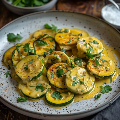 Un plat de courgettes en rondelles, nappé d'une sauce crémeuse et garni de coriandre fraîche.