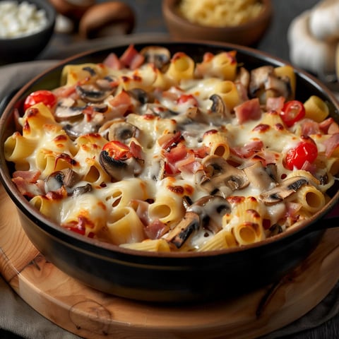 Un plat de pâtes gratinées avec du fromage, des champignons, des tomates et du jambon, servi dans un bol noir.