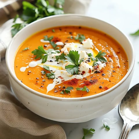 Un bol de soupe orange, garni de crème, de persil frais et de poivre, sur un fond clair.