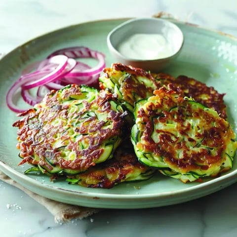 Une assiette de galettes de courgette dorées, accompagnées d'oignons rouges et d'une petite coupelle de sauce.