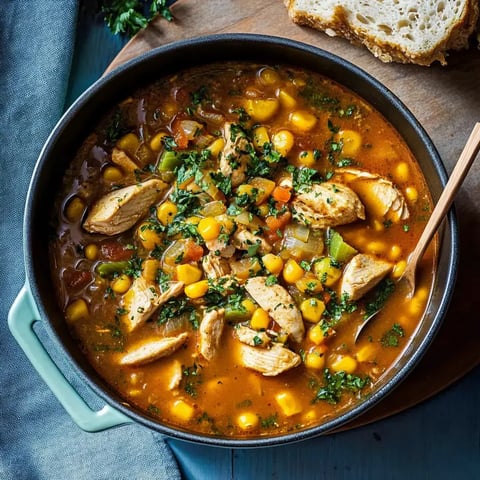 Une délicieuse soupe de poulet avec du maïs, des légumes colorés et des herbes, accompagnée d'un morceau de pain.