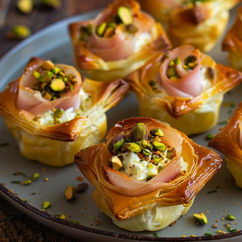 Des petites tartelettes feuilletées garnies de fromage et de jambon, décorées de pistaches.