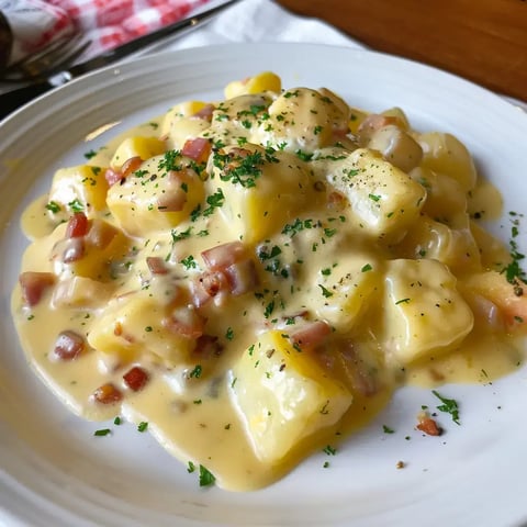 Un plat de gnocchis nappés d'une sauce crémeuse, parsemé de dés de jambon et de persil.