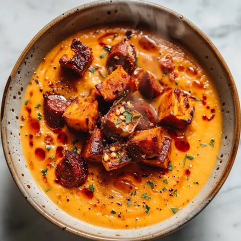 Un bol de soupe crémeuse avec des cubes de patate douce dorés et des morceaux de saucisse, parsemé de coriandre et d'épices.