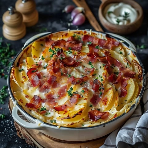 Un plat de pommes de terre gratinées avec du bacon, de la crème et des herbes, servi dans un plat en céramique.