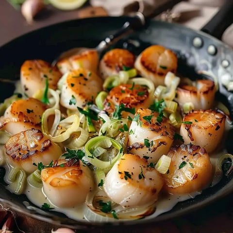 Un plat de pétoncles grillés accompagné de poireaux et garnie de persil.