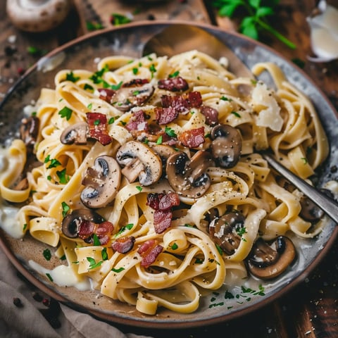 Un plat de pâtes crémeuses aux champignons et au bacon, garni de persil frais et de fromage.