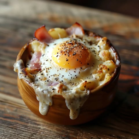 Un bol en bois rempli de macaronis au fromage, surmonté d'un œuf au plat et de morceaux de bacon, avec du poivre noir.