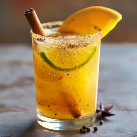 Un verre de boisson pétillante à base de fruits, décoré d'une tranche d'orange, d'un morceau de lime et d'un bâton de cannelle.