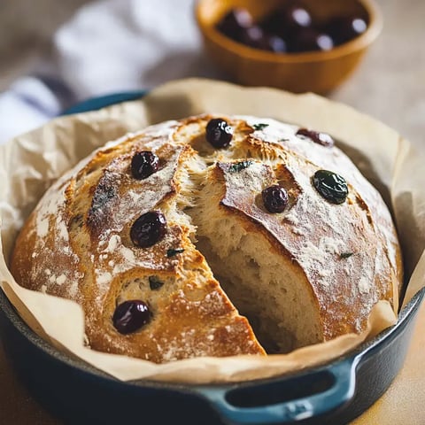 Un pain croustillant, décoré d'olives, est placé dans une casserole avec du papier sulfurisé.