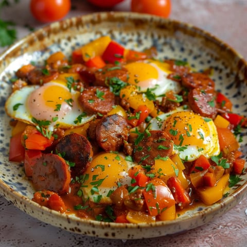 Un plat coloré composé d'œufs au plat, de chorizo, de poivrons et de tomates, garni de persil haché.