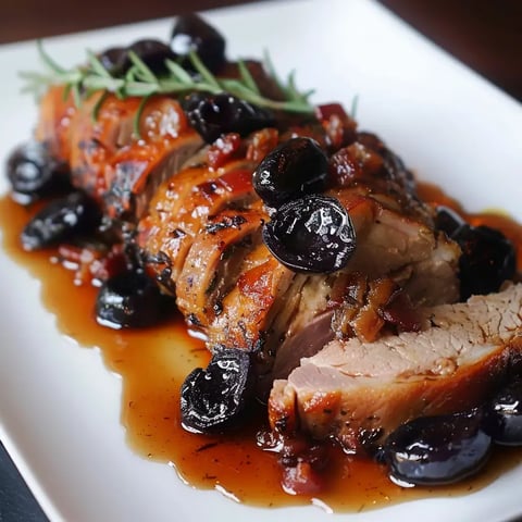 Un rôti de viande accompagné de cerises noires et de sauce, décoré de brins de romarin.