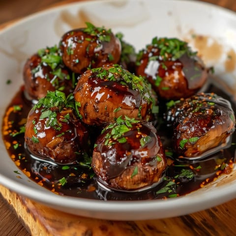 Des champignons glissés dans une sauce sombre, garnis de ciboulette hachée, sont servis dans un bol.