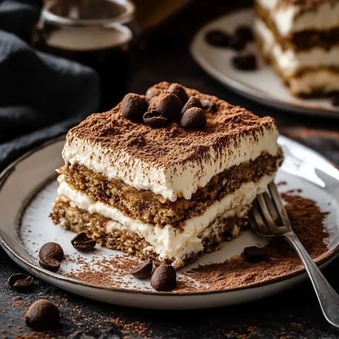 Un dessert de tiramisu avec des couches de crème et de biscuit, saupoudré de cacao et décoré de grains de café.