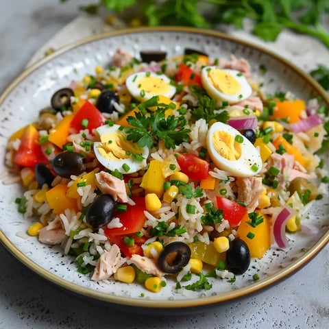 Une assiette de riz coloré garnie de thon, d'œufs durs, de tomates, de poivrons, d'oignons, de maïs et d'olives noires, décorée de ciboulette et de persil.