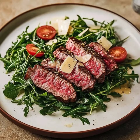 Un plat de roquette garni de tranches de viande rouge, de tomates cerises et de copeaux de parmesan.