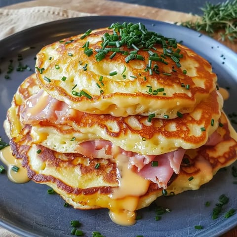 Une assiette de pancakes empilés, garnis de jambon, de fromage fondu et décorés de ciboulette.