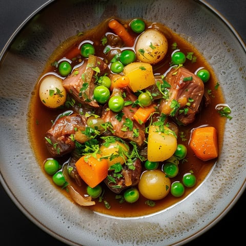 Un plat de viande mijotée avec des légumes variés, comprenant des pois verts, des carottes, des pommes de terre et des oignons, dans un bouillon savoureux.