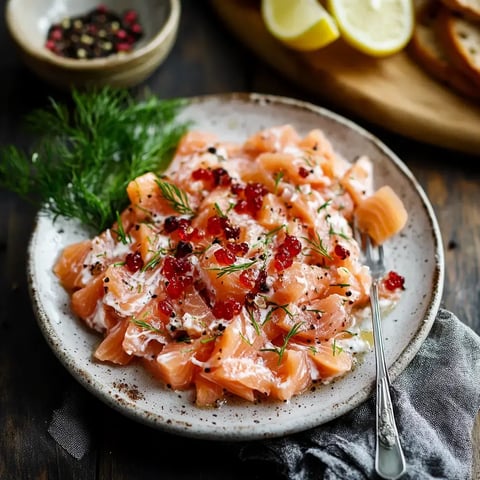 Un plat de saumon fumé garni de câpres, de crème et d'aneth, servi avec des quartiers de citron et du pain en arrière-plan.