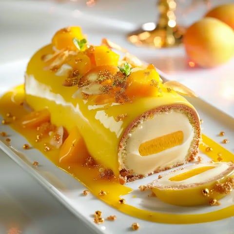 Bûche pâtissière glacée, garnie de mangue, d'amandes et de sauce à la mangue, présentée sur un plat élégant.