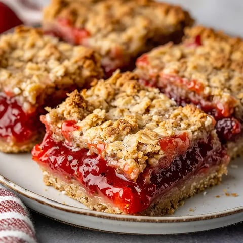 Des barres à la confiture de fraise avec un croustillant aux flocons d'avoine sur une assiette.