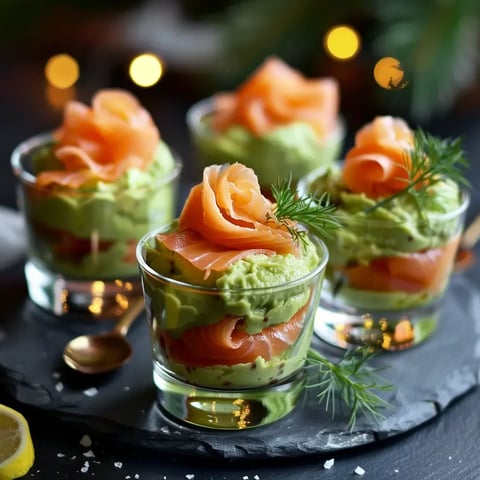 Quatre verrines contenant une mousse d'avocat et des tranches de saumon fumé, garnies de brins d'aneth.