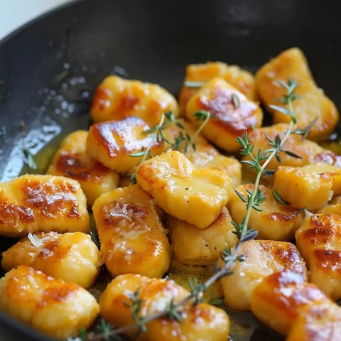 Des gnocchis dorés et appétissants cuisinés avec des herbes dans une poêle.
