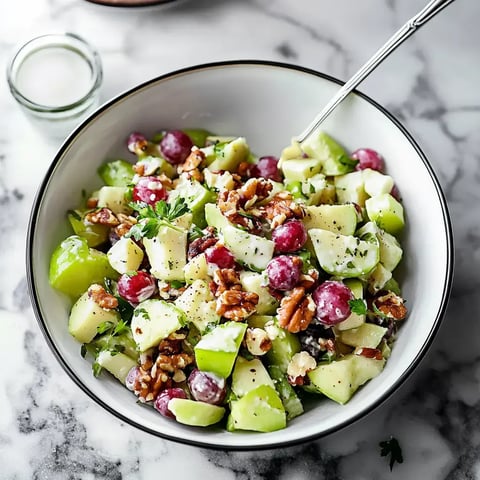 Une salade colorée avec des pommes, des raisins, des noix de pécan et des herbes fraîches dans un bol.