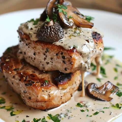 Deux morceaux de viande de porc empilés, nappés d'une sauce crémeuse aux champignons et garnis de persil frais.