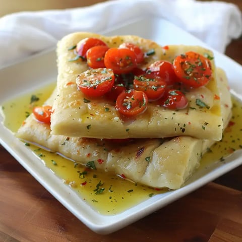 Un plat de pain plat garni de tomates cerises et d'herbes, servi dans une assiette avec de l'huile d'olive.