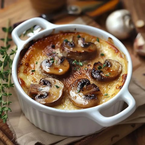 Un gratin de pommes de terre avec des champignons et des herbes fraîchement cuit dans un plat en céramique blanc.