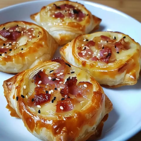 Quatre bouchées feuilletées garnies de fromage et de jambon, saupoudrées de graines de sésame, sur une assiette blanche.