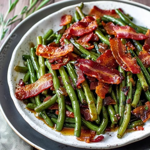 Un plat de haricots verts garnis de morceaux de bacon croustillants.