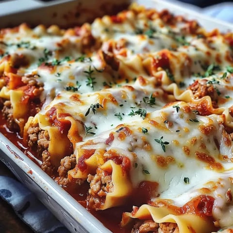 Lasagnes garnies de viande hachée et de fromage, cuites au four et parsemées de thym frais.
