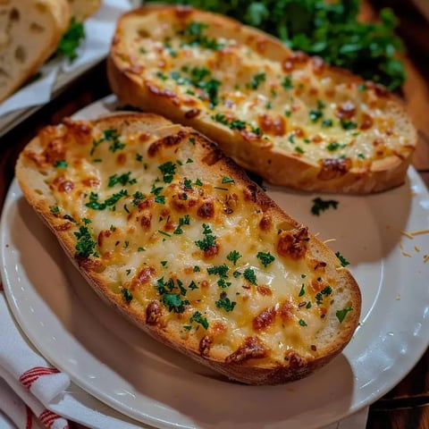 Deux morceaux de pain doré au four, garnis de fromage fondu et de persil haché, sont présentés sur une assiette.