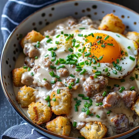 Un bol de pommes de terre rissolées garni de viande hachée, de sauce crémeuse et d'un œuf au plat, le tout décoré de ciboulette.