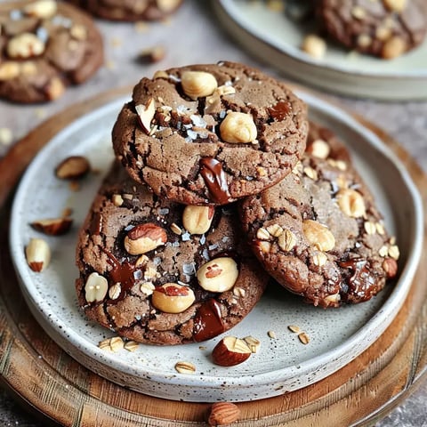 Des biscuits au chocolat décorés de morceaux de noix et de flocons d'avoine, présentés sur une assiette.