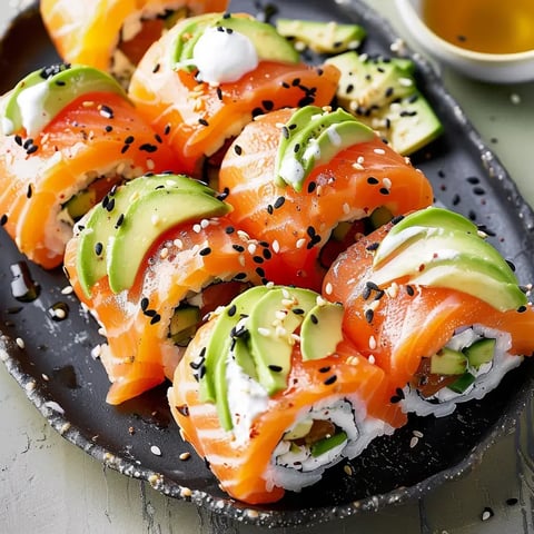 Des rouleaux de sushi saumon garnis d'avocat, de concombre et de mayonnaise, présentés sur une assiette noire, avec des graines de sésame et une petite sauce à côté.