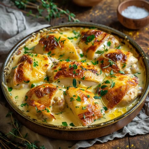 Un plat de pâtes farcies au poulet, nappé d'une sauce crémeuse et garni de persil frais, cuit au four jusqu'à dorure.