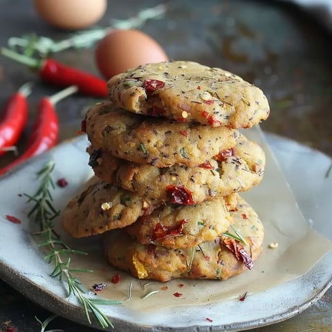 Des cookies empilés garnis de piments, d'herbes et d'autres ingrédients sur une assiette.