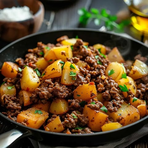 Un plat de viande hachée et de pommes de terre assaisonnées, garni de persil frais, servi dans une poêle.