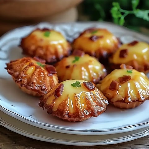 Des petites pâtisseries dorées garnies de fromage et de morceaux de bacon, présentées sur une assiette blanche.