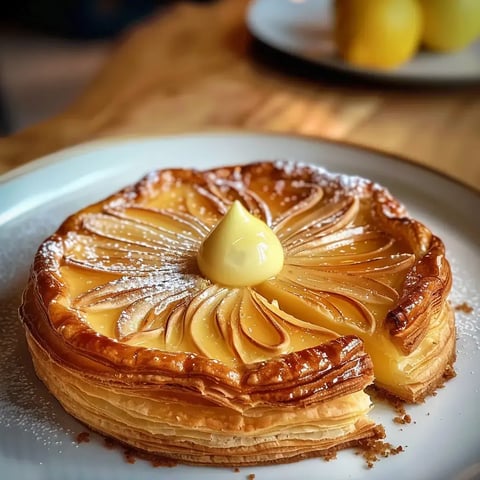 Une tarte aux pommes élégamment garnie de crème et de sucre glace, surplombée d'une petite goutte de crème.