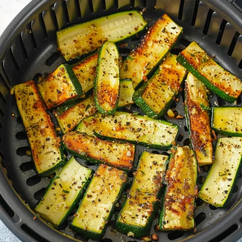 Des morceaux de courgette grillés avec une dorure légèrement croustillante, assaisonnés de poivre et d'épices, dans un panier de friteuse à air.