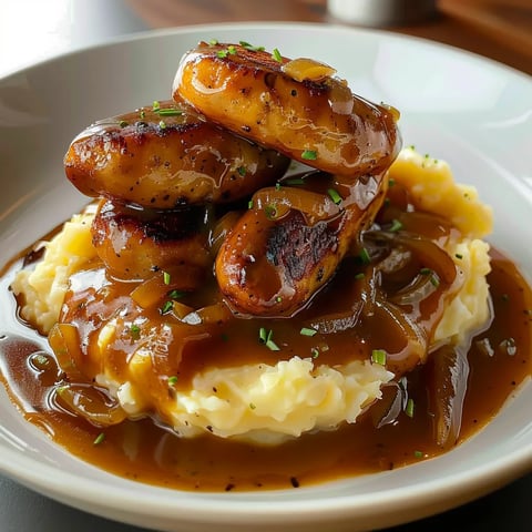 Bangers et Purée avec Sauce à l’Oignon