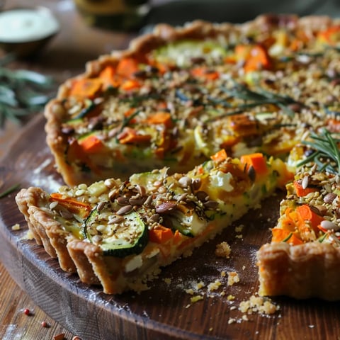 Tarte salée aux courgettes, carottes et graines, pâte à la farine de pois chiches
