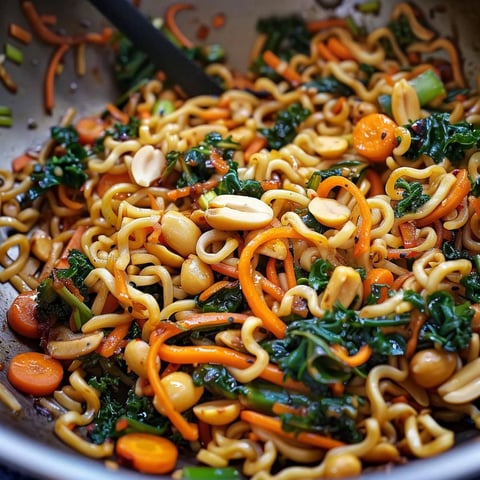 Nouilles chinoises au chou kale, carottes et cacahuètes