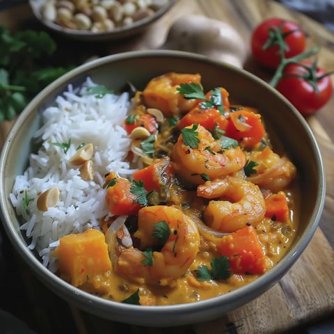 Curry de crevettes, patate douce et lait de coco